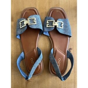 Aldo Agreinwan Slingback Flat Sandals Denim Strap Gold-Tone Buckle Women Sz 6.5